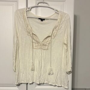 American Eagle Outfitters Cream Blouse with Tassel Ties